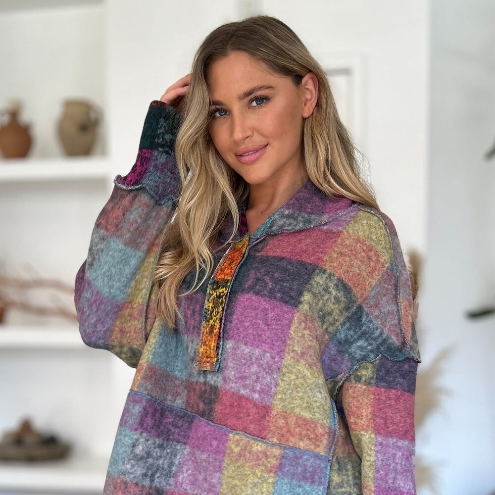 Double Take Full Size Plaid Dropped Shoulder Hoodie